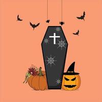 Coffin with Pumpkin and Spider Web Vector