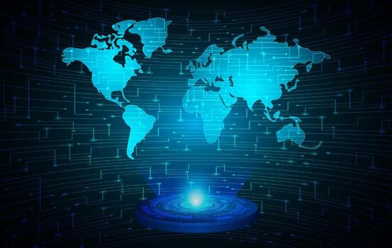 Modern World Map Holographic Projector on Technology Background vector