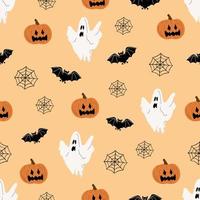 Halloween seamless pattern design. Pumpkins, bats, ghost and web in doodle style. Vector illustration. Background for wallpaper, wrapping and backdrop