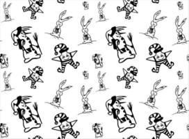 Doodle Christmas background. Pattern with snowmen, rabbit and star in funny pants. Black and white colors. Vector illustration