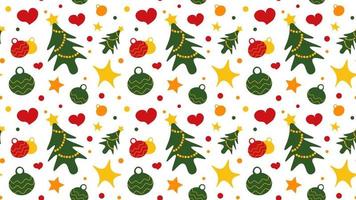 Christmas seamless pattern. Pattern with Christmas trees, balls and garlands. Red, green and yellow colors. Vector image