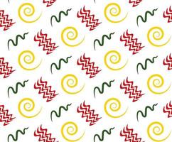 Geometric Seamless pattern of simple shape. Red, yellow and green waves, curls, twist on a white background. Vector illustration