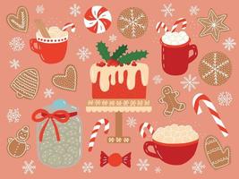 Vector Christmas dessert clipart set. Christmas cake with mistletoe and white icing, hot chocolate with marshmallows and ginger cookie different shapes set