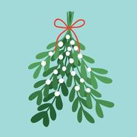 Christmas mistletoe tied with red ribbon vector illustration. Christmas greeting card with winter mistletoe branch