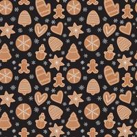 Christmas ginger cookie seamless pattern. Vector gingerbread cookies with white icing pattern on black background.