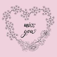 Miss you frame heart with ginkgo leaves, flowers, and eucalyptus branch vector