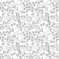 Seamless floral pattern with mushrooms and forest leaves in line art technique vector