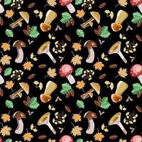 Seamless botanical pattern with mushrooms, ginkgo branches, acorns, maple and oak leaves vector