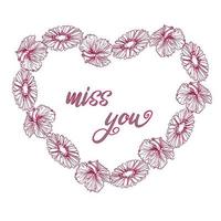 Floral heart frame with lettering inside in doodle style vector