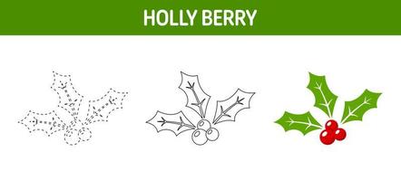 Holly Berry tracing and coloring worksheet for kids vector