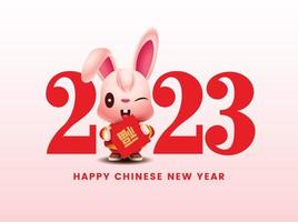 tarjeta de felicitación de año nuevo chino 2023. conejo lindo de dibujos animados sosteniendo rollos de mano chinos con un gran signo de número 2023. personaje de conejito vector