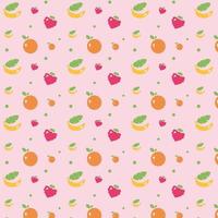 Seamless pattern with orange, banana, and raspberry fresh fruit. Healthy nutrition wallpaper on pink background. Outline color vector illustration