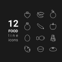 ilustración vectorial conjunto de iconos de contorno de alimentos de nutrición dietética: fresa, plátano, naranja, tomate, pepino, pimiento, huevo, pescado, queso duro, patata, avena, pan sobre fondo negro vector