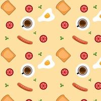 Seamless pattern with eggs and fried sausages, tomato, toast, and a cup of coffee. Breakfast wallpaper on yellow background. Paper cut out vector