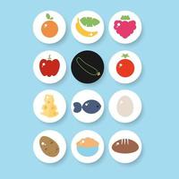 Set of colorful fruit and vegetable round button icons for app healthy nutrition. Vector illustration. Colorful outline web elements