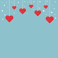 Red decorative hanging hearts on blue background with copy space. Happy Valentine's Day celebration vector