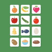 Set of colorful fruit and vegetable square button icons for app healthy nutrition. Vector illustration. Colorful outline web elements