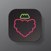 Black square button with raspberry fruit outline icon, pink berry on the plate. Flat symbol sign vector illustration isolated on gray background. Healthy nutrition concept