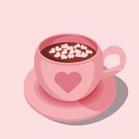 Hot chocolate cup with marshmallows, a pink cup of cocoa with heart ornament. Love greeting card vector illustrations, Isolated design elements