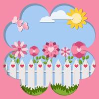 Love postcard paper cutout vector illustrations. White fence with pink flowers and butterflies on blue sky with the sun and white clouds background