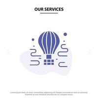 nuestros servicios airdrop tour globo de viaje icono de glifo sólido plantilla de tarjeta web vector