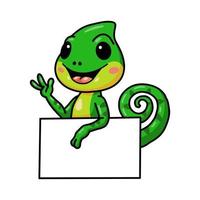 pequeño y lindo dibujo animado de camaleón con un cartel en blanco vector