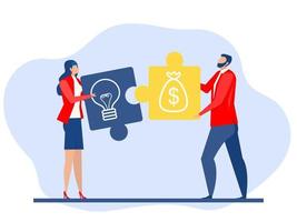 inversión empresarial, dos negocios que tienen un bloque de dinero conectan el icono de ideas para que el marketing tenga éxito en el concepto de ilustrador vectorial. vector