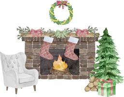 Watercolor illustration of red brick classic fireplace with socks, decor, christmas tree, candle, balls gifts, wreath. Happy new year decoration. Merry christmas holiday.
