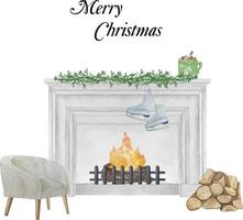 Watercolor illustration of modern fireplace with socks, decor, christmas tree, candle, balls gifts, wreath. Happy new year decoration. Merry christmas holiday. vector