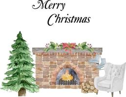 Watercolor illustration of red brick classic fireplace with socks, decor, christmas tree, candle, balls gifts, wreath. Happy new year decoration. Merry christmas holiday. vector