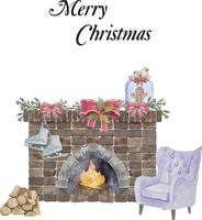 Watercolor illustration of red brick classic fireplace with socks, decor, christmas tree, candle, balls gifts, wreath. Happy new year decoration. Merry christmas holiday. vector