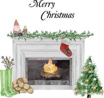 Watercolor illustration of modern fireplace with socks, decor, christmas tree, candle, balls gifts, wreath. Happy new year decoration. Merry christmas holiday. vector