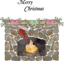 Watercolor illustration of red brick classic fireplace with socks, decor, christmas tree, candle, balls gifts, wreath. Happy new year decoration. Merry christmas holiday. vector