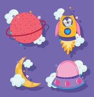 space adventure galaxy in cartoon style planet rocket moon and ufo icons vector