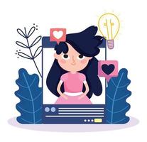 mujer joven en pantalla smartphone mensaje burbuja amor creatividad redes sociales vector