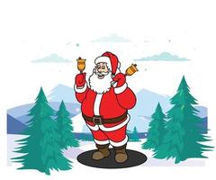 Vector illustration of cute Santa Claus mascot or character isolated on landscape background. Flat style.