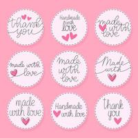 Made with love, thank you hand drawn labels. Lettering with heart symbol. vector