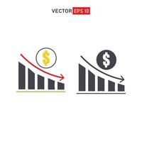 gráfico de dólar hacia abajo icono simple. declive de las finanzas, la banca. dólar decreciente gráfico vector icono economía crisis