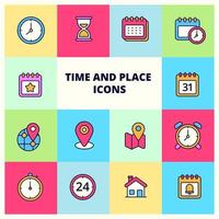 Set of time and location icons with a colorful design. Linear color style of time and location sign vector