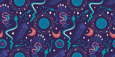 Celestial magic seamless pattern with boho snake. Mystic moon vector illustration. Magic celestial print. Astrology esoteric background