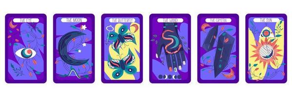 Tarot card set magic celestial design. Mystic moon vector illustration. Hand drawn vector illustration. Esoteric boho tarot card with hand, butterfly, hand, sun and moon.