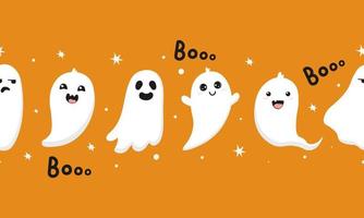 Cute Halloween horizontal seamless pattern with ghost, stars, boo.  Great for Halloween Cards, banner, textiles. Baby background vector