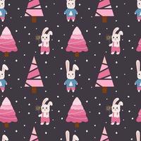 Winter seamless pattern with bunny, tree and snowflakes. Perfect for wrapping paper, greeting cards and seasonal design. vector