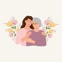 Happy Young woman hugging her old mother with love. Mother and daughter. Mothers day .Portrait of young woman hugging her grandma. Friendly family relationship. vector flat illustration