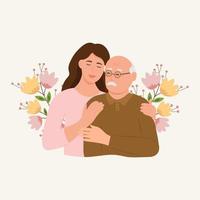 Happy Young woman hugging her old father with love. Father and daughter. Father's day .Portrait of young woman hugging her grandpa. Friendly family relationship. vector flat illustration