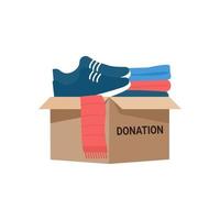 Donation box full of clothes and accessories, humanitarian support.Charity and donation. Flat vector illustration isolated on white background