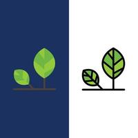 tierra eco medio ambiente hoja naturaleza iconos plano y línea llena conjunto de iconos vector fondo azul