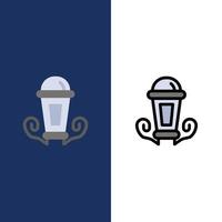 iconos de linterna de lámpara de noche de luz plano y conjunto de iconos llenos de línea vector fondo azul