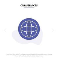 nuestro centro de servicios comunicación ayuda global soporte icono de glifo sólido plantilla de tarjeta web vector