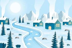 ilustración de paisaje de pueblo de invierno con fondo de montañas vector